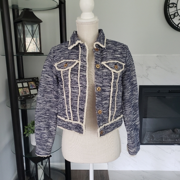 Anthropologie Jackets & Blazers - Anthropologie Ett Twa Tweed Jacket Womens Size Xs Blue Cream